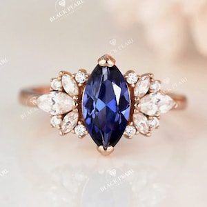 2 Ct Marquise Cut Blue Sapphire Ring with Round Cut Lab Grown Diamond Halo Engagement Ring,Vintage Art Deco Promise Anniversary Ring for her