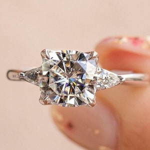 1.50 Ct Cushion Cut Lab Grown Three Stone Engagement Ring, Wedding Bridal Ring, Three Stone Solitaire Ring For Women, Cushion Diamond Ring