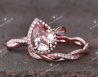 2CT Pear Morganite Ring | Lab Created Engagement Ring for Women | Twist Diamond Wedding Band | Unique Bridal Jewelry | Luxury Gift for Her