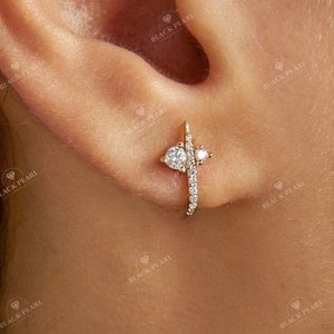 0.60 CT Round Cut Lab Grown Diamond Gold Huggie Earrings | Shop Half Open Hoop & Cartilage Hoop Earring Huggies | Mini Small Diamond Hoops