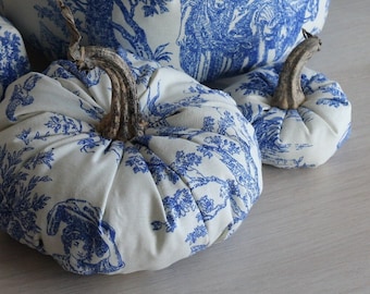 Pumpkins "Toile de Jouy Blue" Set of 3 or 5 with Real Stems