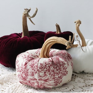 Pumpkins &quot;Toile de Jouy&quot; Set of 3 or 4 with Real Stems