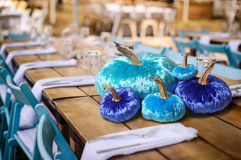 May include: A display of velvet pumpkins in various shades of blue and teal, placed on a wooden table set for a meal. The pumpkins have brown stems and are of different sizes. White napkins and cutlery are also present.