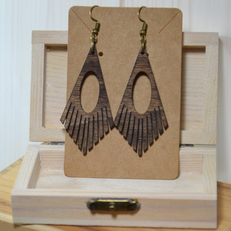 Handmade boho style wooden earrings for pierced ears. image 1