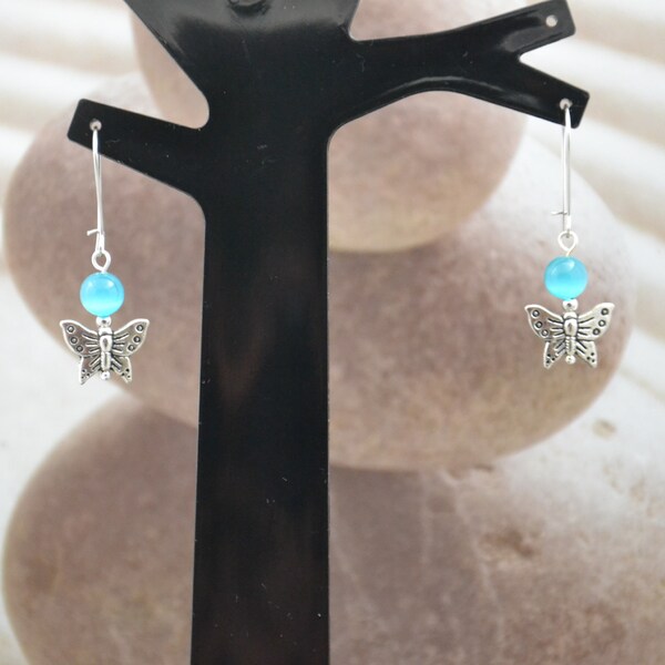 Boucles d'oreilles Butterfly - perle œil de chat et papillon en métal argenté - pour oreilles percées