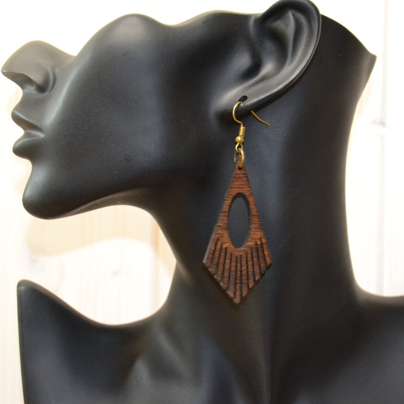Handmade boho style wooden earrings for pierced ears. image 2
