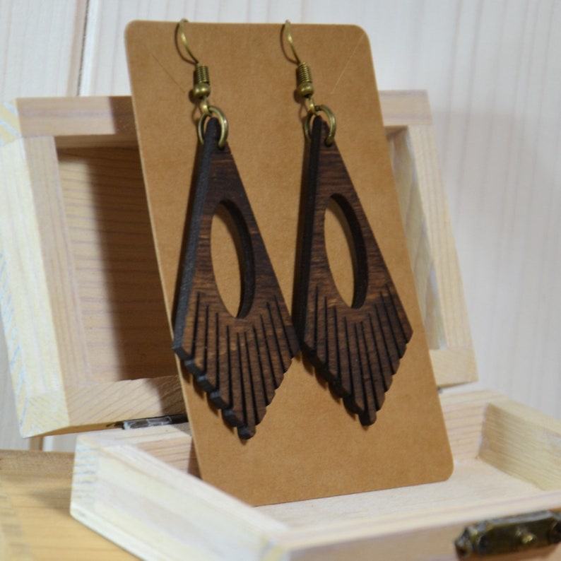 Handmade boho style wooden earrings for pierced ears. image 3