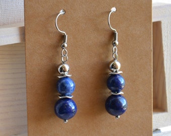 Lapis lazuli earrings, round beads, stainless steel ear hooks for pierced ears.