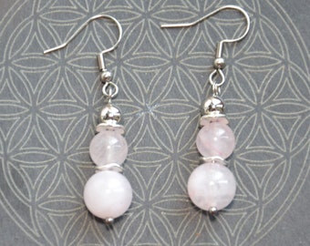 Rose quartz earrings, round beads, stainless steel ear hooks for pierced ears.