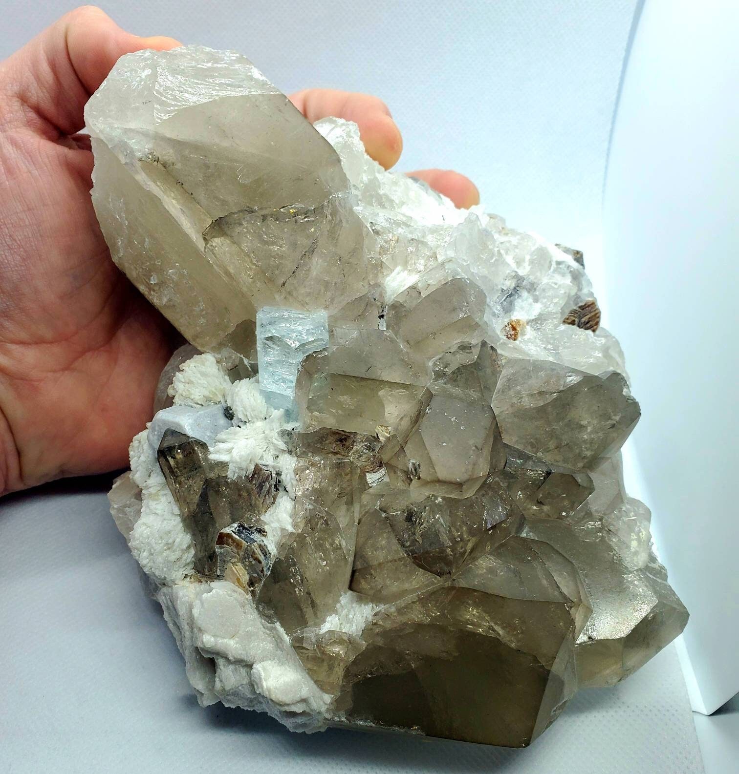 Huge XL Gem Aquamarine Beryl Crystal Smoky Quartz Apatite Crystal 1.9 Kilos! Gem Grade Blue Beryl on Quartz Matrix Free Gems w Purchase!