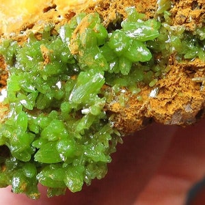 Puede incluir: Primer plano de una muestra mineral verde con un color verde brillante y vibrante. El mineral está agrupado en una formación densa, creando una exhibición texturizada y visualmente atractiva. La muestra se coloca sobre un fondo de roca rugosa de color marrón anaranjado.