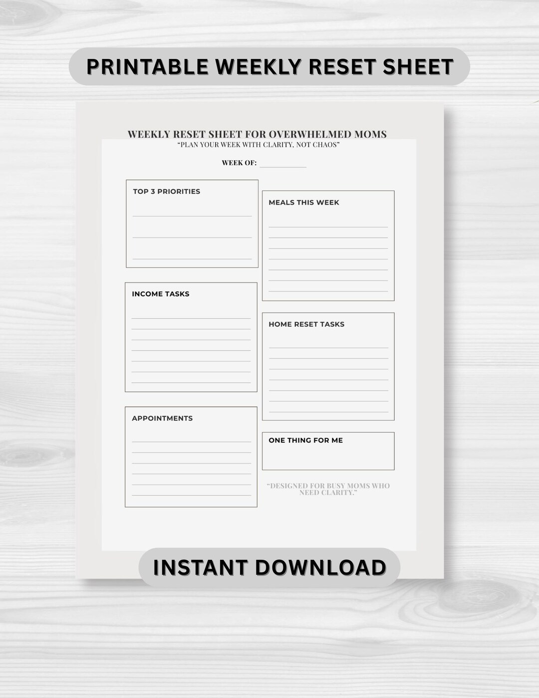 Weekly Reset Sheet for Overwhelmed Moms | Printable Weekly Planner ...