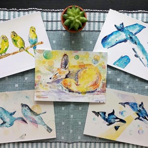 Lot de 5 cartes postales, illustration animalière à l'aquarelle, impression de cinq cartes postales A6