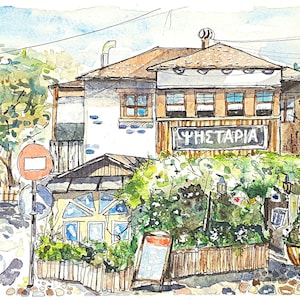 Peinture originale d’aquarelle 17x24, croquis de voyage " maison de grèce « , peinture de maison de couleur d’eau
