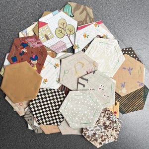 60 Sewn Patchwork Hexagons (Brown/Natural) for Cushion Cover Crafting