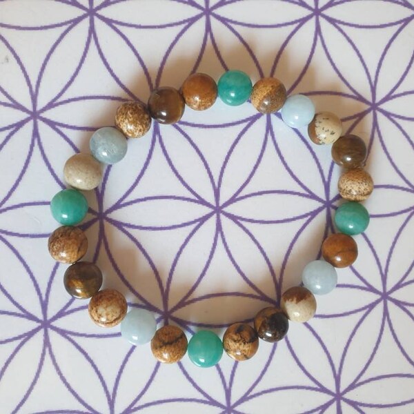 Bracelet No Stress Amazonite Aigue Marine Oeil de Tigre Jaspe Paysage