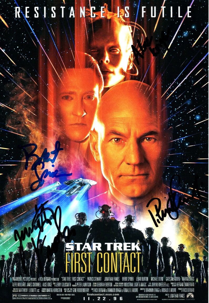 Star Trek Primer contacto Elenco Autógrafo Patrick Stewart Jonathan Frakes imagen 1