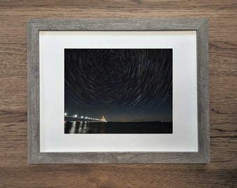 Starry Mack Fine Art Print 8"x10" 11"x14" - Mackinac Bridge Star Trails Astrophotography Wall Art Lake Michigan Huron Great Lakes Wall Art