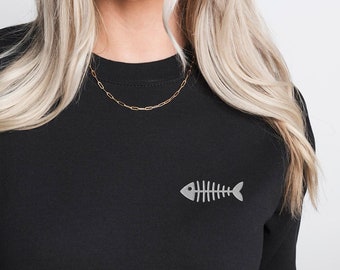 Fish Bone Embroidered Sweatshirt, Fishing Gifts For Men, Funny Fish Embroidery, Gift For Chef, Trendy Fish Bone Print, Gift For Cat Lover