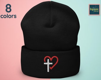 Christian Embroidered Beanie, Christian Cross Gifts, Faith Embroidery, Religious Cuffed Beanie, Jesus Catholic Beanie, Believe For Him & Her
