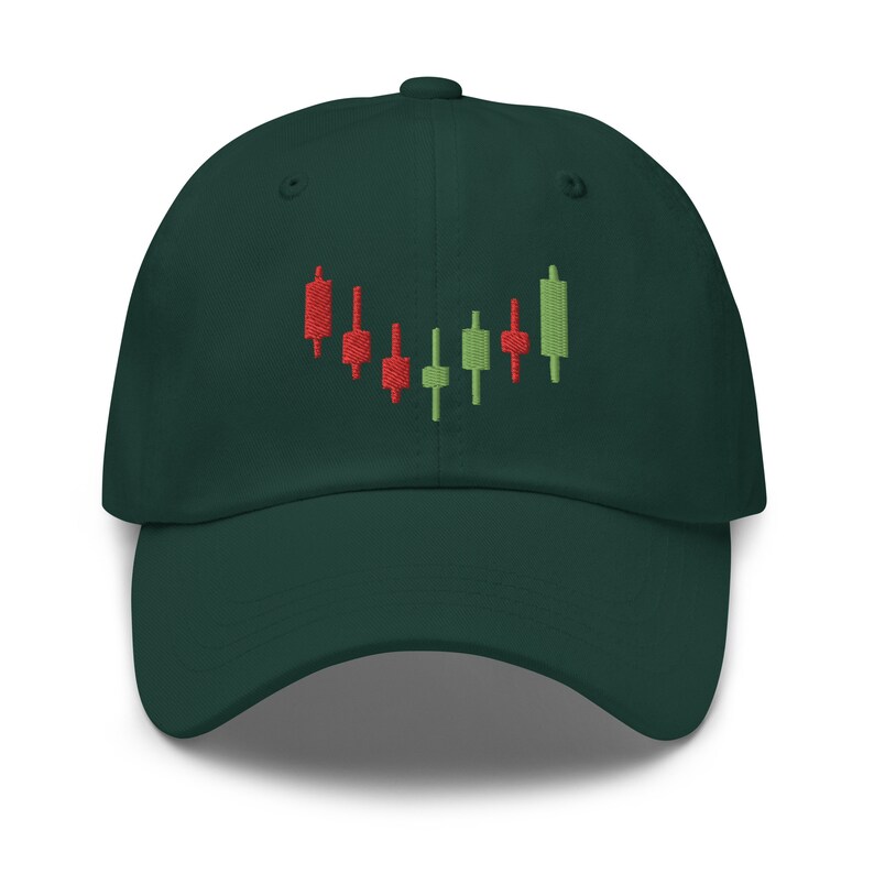 May include: A dark green baseball cap with a red and green candlestick chart embroidered on the front.