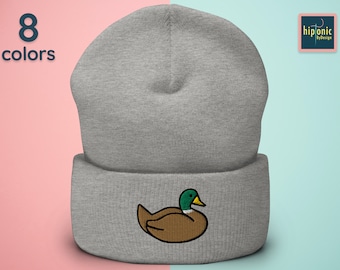 Duck Embroidered Beanie, Mallard Duck Embroidered Cuffed Beanie, Warm Winter Gift For Him And Her, Gift For Duck Lover, Duck Farm Pet Gifts