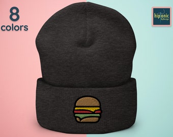 Hamburger Embroidered Beanie, Burger Embroidered Cuffed Beanie, Cute Foodie Gifts, Gift For Chef, Classic Cheeseburger, Gift For Him and Her