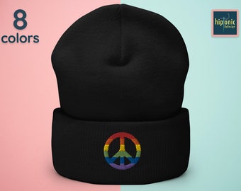 Rainbow Peace Embroidered Beanie, Retro Hippie Embroidered Cuffed Beanie, Peace Symbol Activist Teen Gift, Warm Winter Gifts For Him And Her