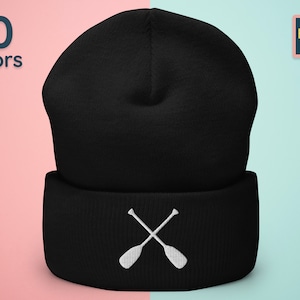 May include: Black beanie with a white embroidered design of two crossed oars.