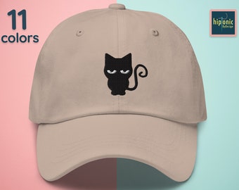 Black Cat Embroidered Dad hat, Funny Halloween Embroidered Cap, Low Profile Baseball Cap For Him And Her, Gift For Cat Lover, Cute Kid Gifts