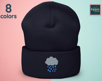 Cloud Embroidered Beanie, Rain Cloud Embroidered Cuffed Beanie, Cute Weather Gifts, Meteorologist Funny, Warm Winter Beanie For Him And Her