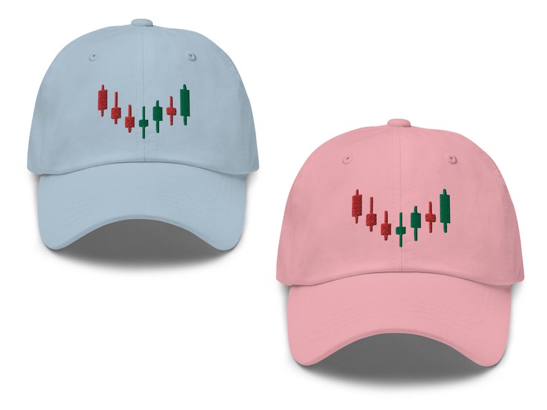 May include: Two baseball caps with an embroidered design of a candlestick chart. One cap is light blue and the other is pink.