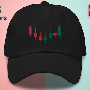 May include: Black baseball cap with an embroidered design of green and red candlestick charts. The cap has an adjustable strap in the back.