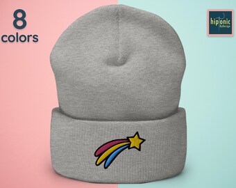 Shooting Star Embroidered Beanie, Rainbow Star Embroidered Cuffed Beanie, Handmade Rainbow Embroidery, Cute Gift For Teen, LGBTQ Pride Gifts