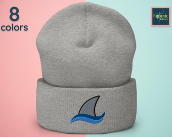 Shark Embroidered Beanie, Shark Fin Embroidered Cuffed Beanie, Gift For Shark Lover, Ocean Surfer Gifts, Warm Winter Beanie For Him And Her