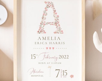 New Baby Personalised Print: Birth Details Keepsake Gift, Newborn Gift, Girls Boys Nursery decor
