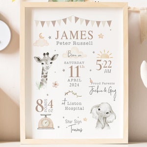 New Baby Personalised Print | Birth Details Gift | Keepsake Print | New Baby Gift | Newborn Gift | Neutral Nursery Print | Animal Print