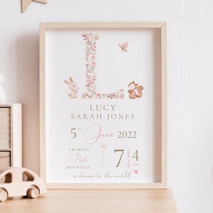 New Baby Girl Gift, Personalised print for girls, Gift for Baby girl, Nursery Print Dusky Pink, Personalised Gift for Girls, Woodlands Print