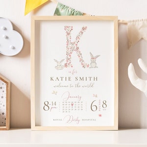 Regalo para niña recién nacida, lámina de nacimiento, recuerdo de nacimiento, lámina personalizada para niña, regalo para niña, lámina para habitación infantil en rosa oscuro.