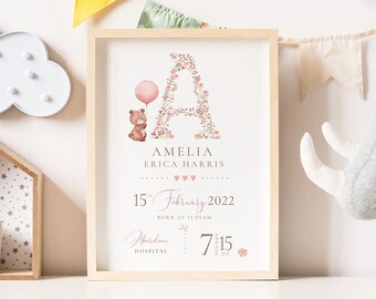 Baby Girl Personalised Print: Birth Details Keepsake Gift, Newborn Gift, Girls Nursery decor, Bear