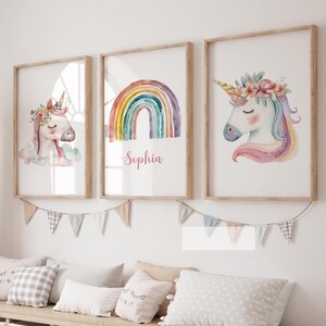 Set of 3 Unicorn Prints, Unicorn Decor, Personalised, Girl Bedroom Decor, Wall Art, Boho, Unicorn Theme, Girls Bedroom, Pink Decor, Nursery