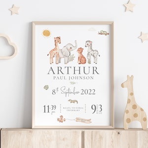 New Baby Gift, Neutral Baby Gift, Personalised baby gift, Birth Print, Birth Stat print, Nursery Print Safari, Personalised gift for baby