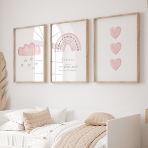 Juego de 3 láminas de guardería rosa para niñas, arcoíris rosa oscuro, láminas de arcoíris, decoración de guardería, láminas para habitación de niñas, decoración de sala de juegos