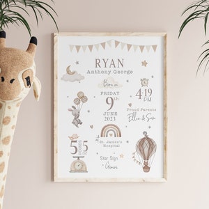 New Baby Neutral Gift, Personalised print for boy, Unisex Gift for Baby, Nursery Print Boys, Personalised Gift for Boys, Birth Stats print