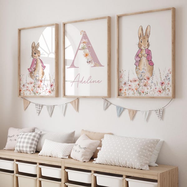 Set van 3 print Peter Rabbit-kwekerij, Beatrix Potter-prints, roze meisjes slaapkamer print, kamerdecoratie wilde bloemen, nieuw babycadeau