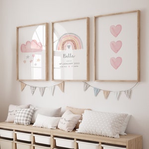 Set of 3 Girls Pink nursery Print, Dusky Pink Rainbow, Girls Nursery Print, Rainbow Prints, Nursery Decor, Girls room prints, playroom decor