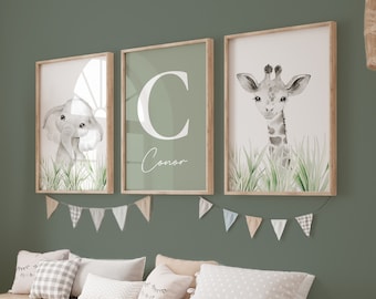 Sage Green Nursery Wall Art Prints with Safari Animals, Set of 3 Safari Animal Prints for Children's Bedroom, Jungle Animals Prints for Kids