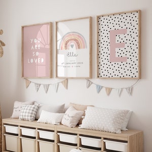 Juego de 3 láminas de guardería rosa para niñas, arcoíris rosa oscuro, láminas de arcoíris, decoración de guardería, láminas para habitación de niñas, decoración de sala de juegos