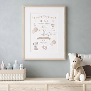 May include: A beige and white printable birth announcement for a baby boy named Remi. The announcement includes the baby's name, birth date, time, weight, and hospital. The announcement is decorated with balloons, stars, and a bunting.