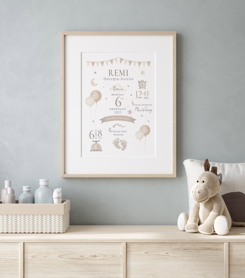 May include: A beige and white printable birth announcement for a baby boy named Remi. The announcement includes the baby's name, birth date, time, weight, and hospital. The announcement is decorated with balloons, stars, and a bunting.